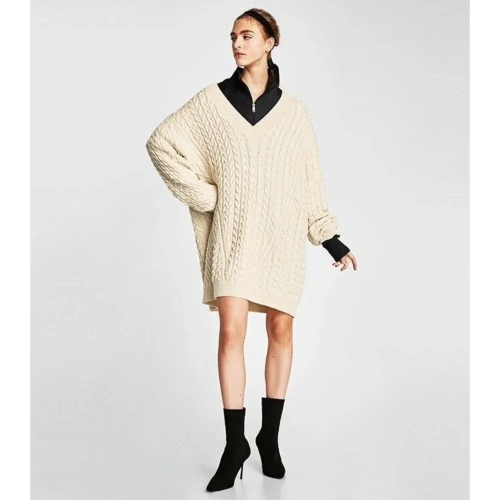 ZARA CABLE KNIT V-NECK SWEATER OVERSIZED SAND S REF. 6873/167/712  BLOGGERS FAVE